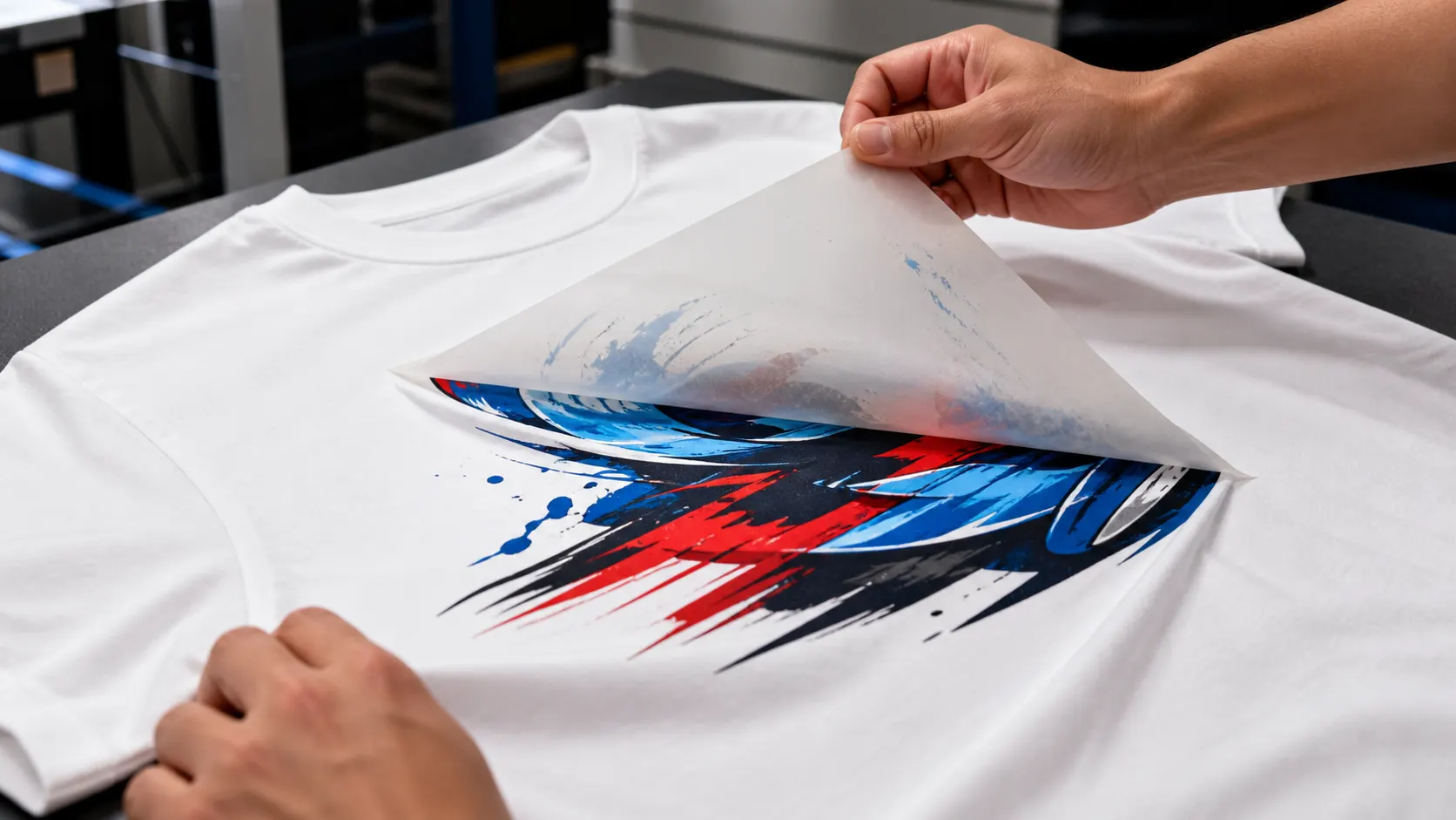 Peeling carrier film from a freshly pressed DTF transfer