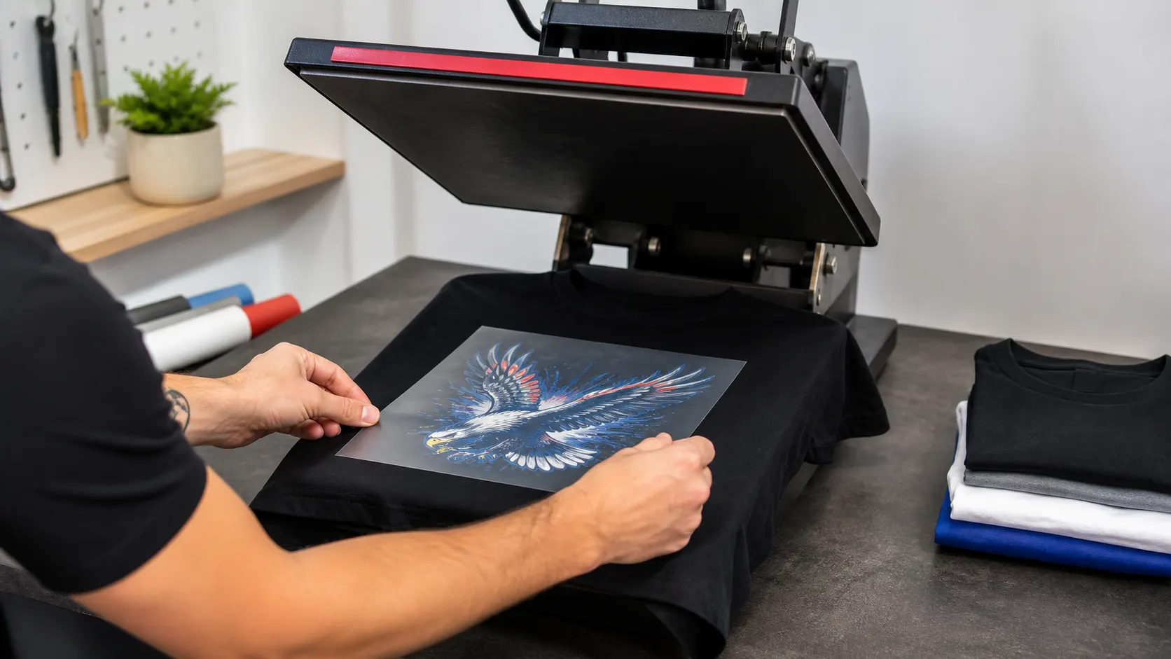 Aligning a DTF transfer on a shirt before pressing