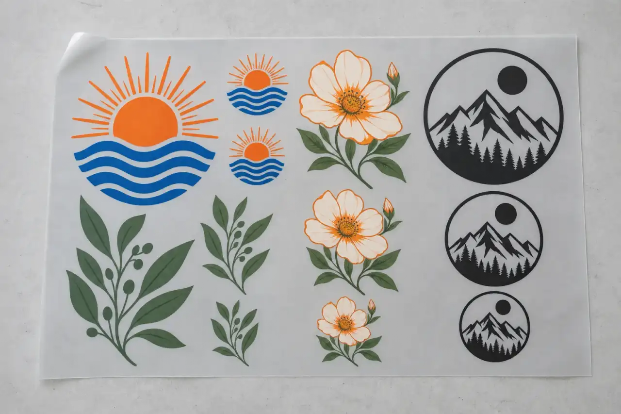 AI concept of a translucent DTF transfer sheet with sun, wave, flower and mountain designs