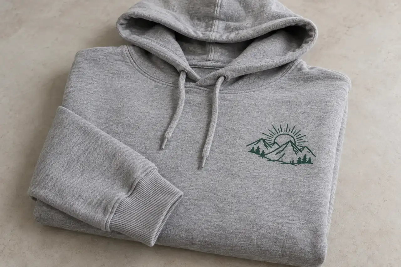 AI concept of a folded grey hoodie with a small green mountain print on the chest